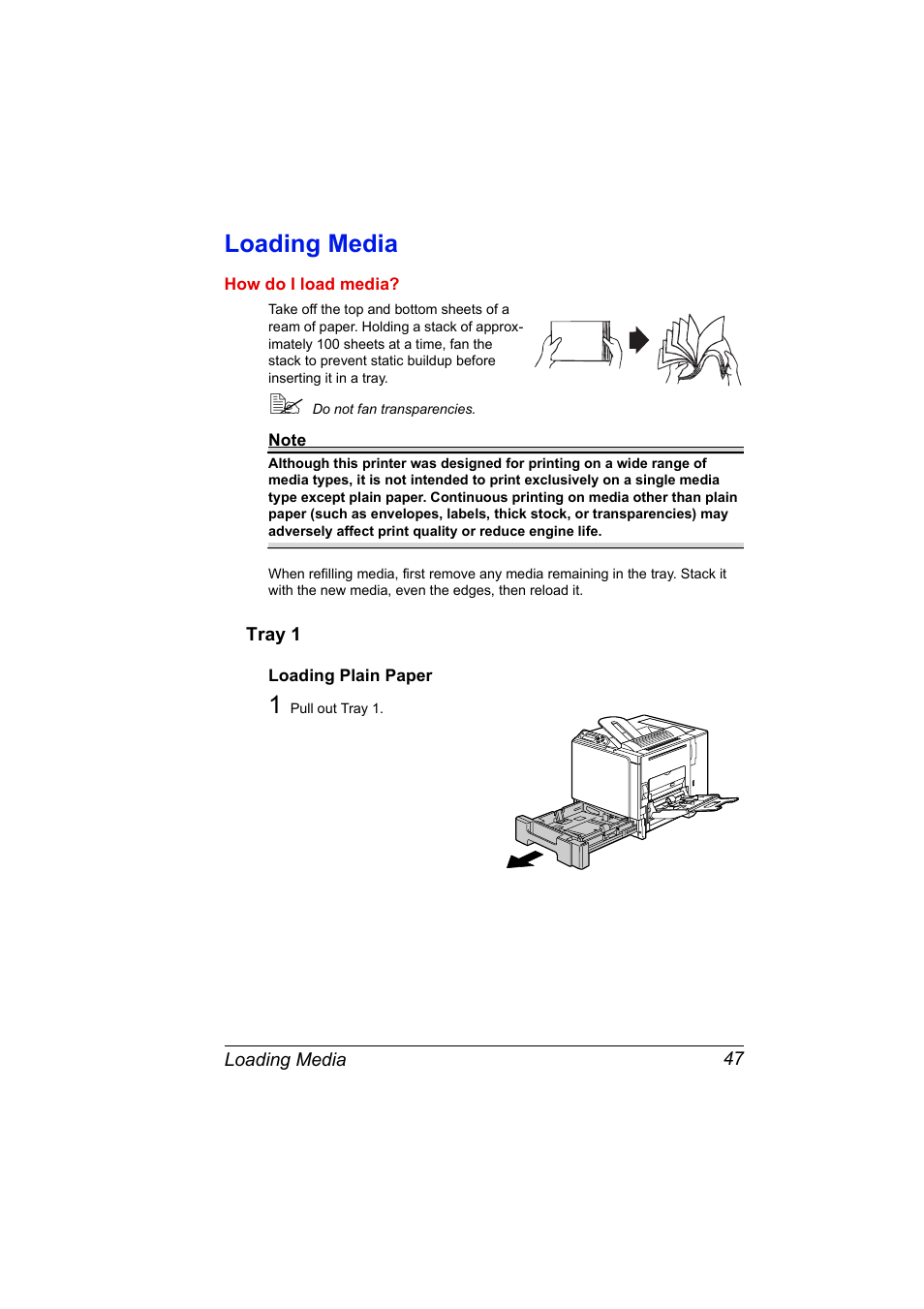 Loading media, Tray 1, Loading plain paper | Loading media 47, Tray 1 47, Loading plain paper 47 | Konica Minolta Magicolor 5440 DL User Manual | Page 57 / 164