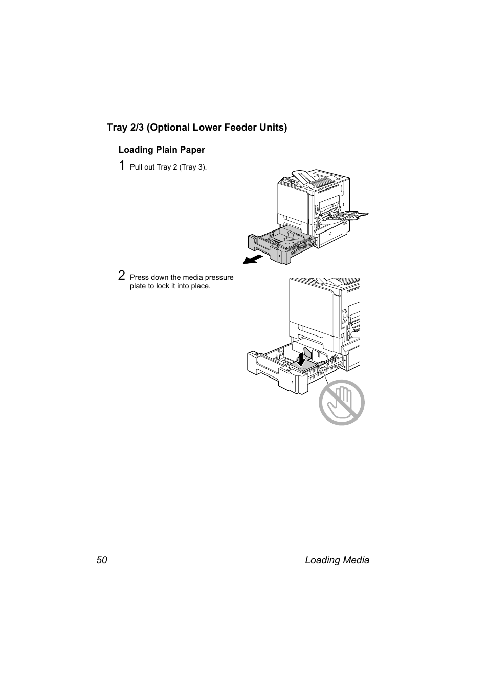 Tray 2/3 (optional lower feeder units), Loading plain paper, Tray 2/3 (optional lower feeder units) 50 | Loading plain paper 50 | Konica Minolta Magicolor 5440 DL User Manual | Page 60 / 164