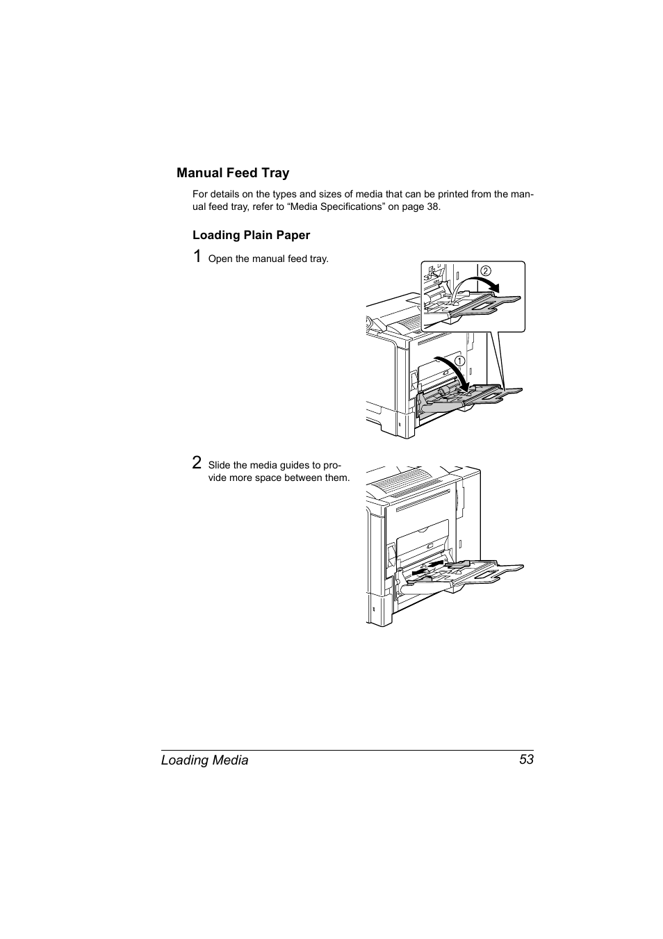 Manual feed tray, Loading plain paper, Manual feed tray 53 | Loading plain paper 53 | Konica Minolta Magicolor 5440 DL User Manual | Page 63 / 164