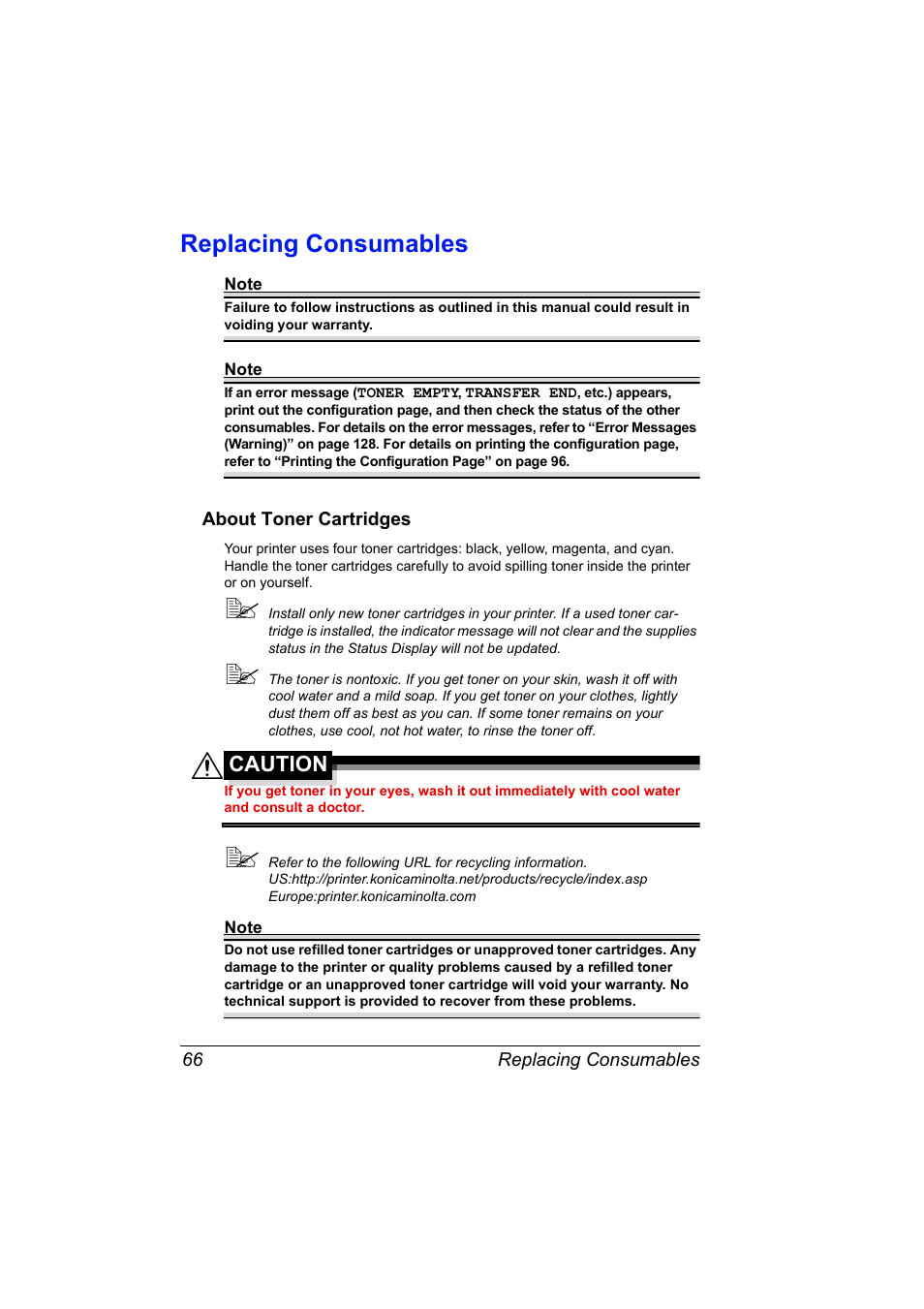 Replacing consumables, About toner cartridges, Replacing consumables 66 | About toner cartridges 66, Caution | Konica Minolta Magicolor 5440 DL User Manual | Page 76 / 164