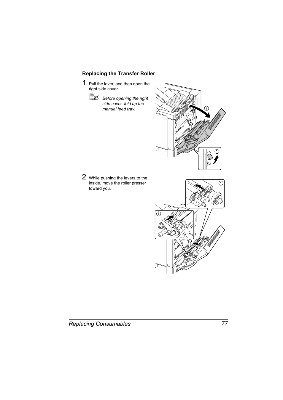 Replacing the transfer roller, Replacing the transfer roller 77 | Konica Minolta Magicolor 5440 DL User Manual | Page 87 / 164