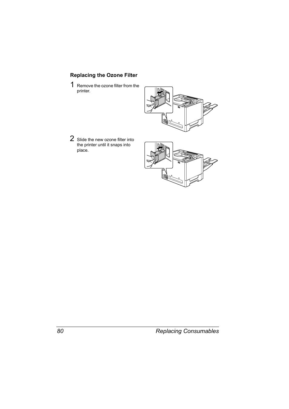 Replacing the ozone filter, Replacing the ozone filter 80 | Konica Minolta Magicolor 5440 DL User Manual | Page 90 / 164