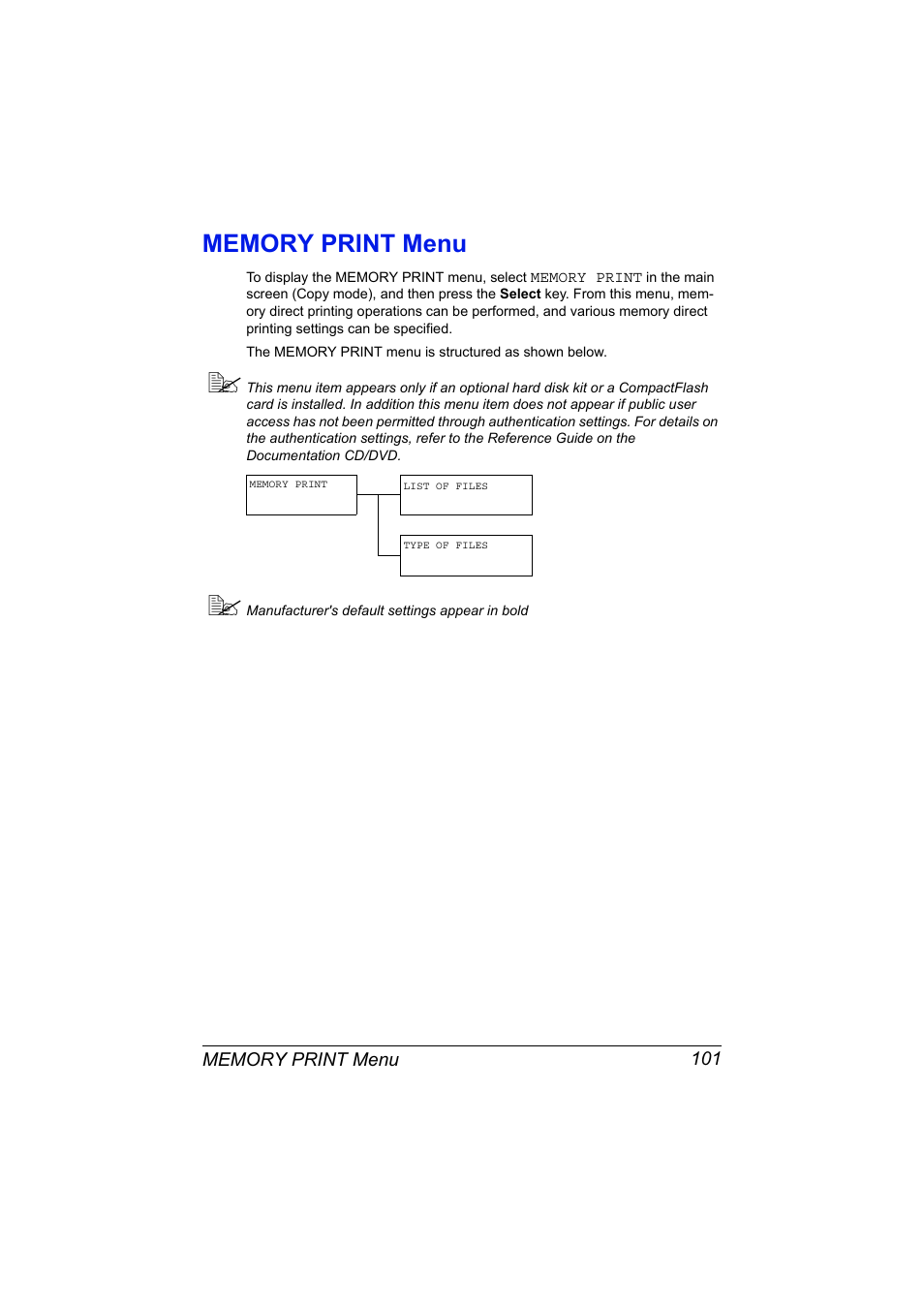 Memory print menu, Memory print menu 101 | Konica Minolta MAGICOLOR 4695MF User Manual | Page 115 / 346