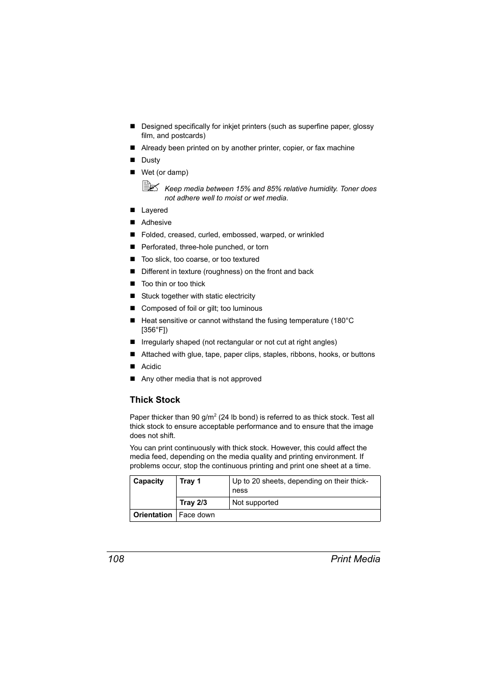 Thick stock, Thick stock 108, Print media 108 | Konica Minolta MAGICOLOR 4695MF User Manual | Page 122 / 346