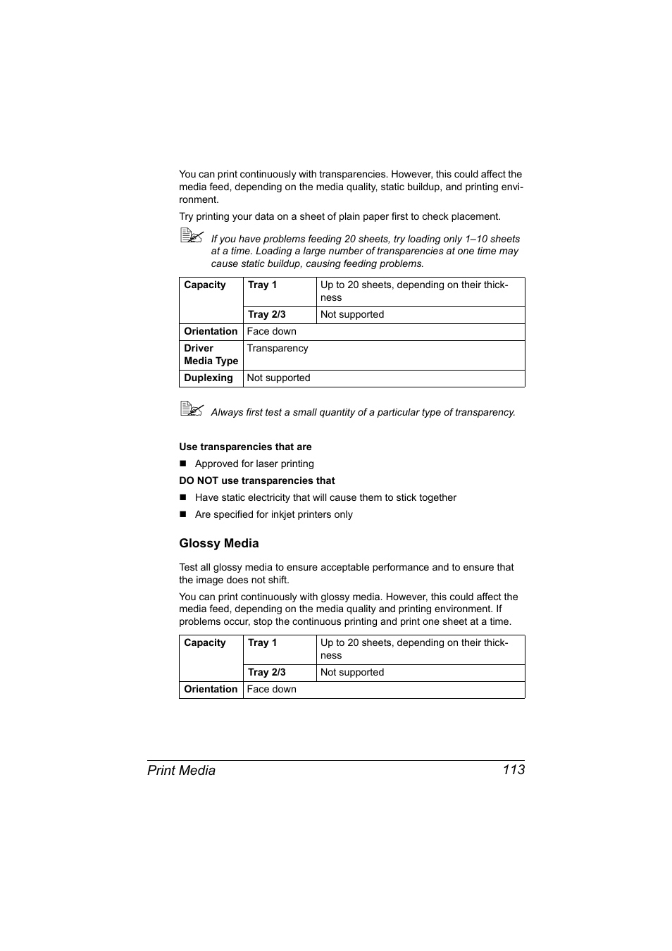 Glossy media, Glossy media 113, Print media 113 | Konica Minolta MAGICOLOR 4695MF User Manual | Page 127 / 346