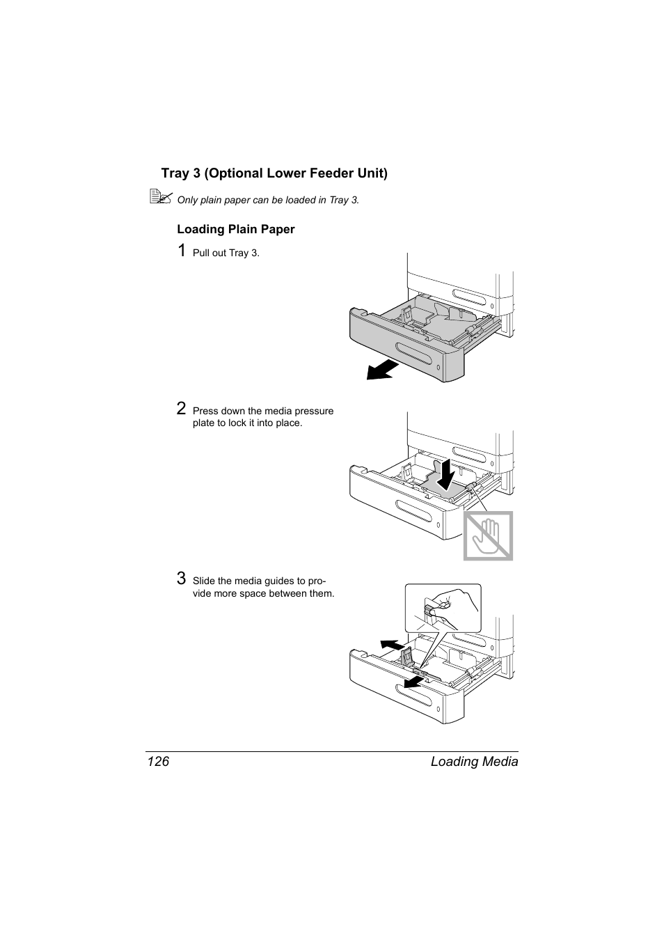 Tray 3 (optional lower feeder unit), Loading plain paper, Tray 3 (optional lower feeder unit) 126 | Loading plain paper 126 | Konica Minolta MAGICOLOR 4695MF User Manual | Page 140 / 346