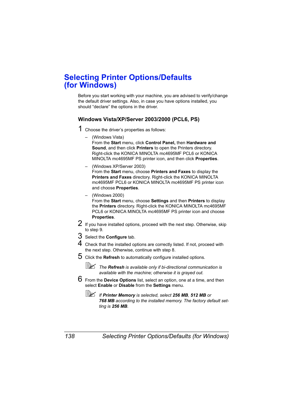 Selecting printer options/defaults (for windows), Windows vista/xp/server 2003/2000 (pcl6, ps), Windows vista/xp/server 2003/2000 (pcl6, ps) 138 | Konica Minolta MAGICOLOR 4695MF User Manual | Page 152 / 346