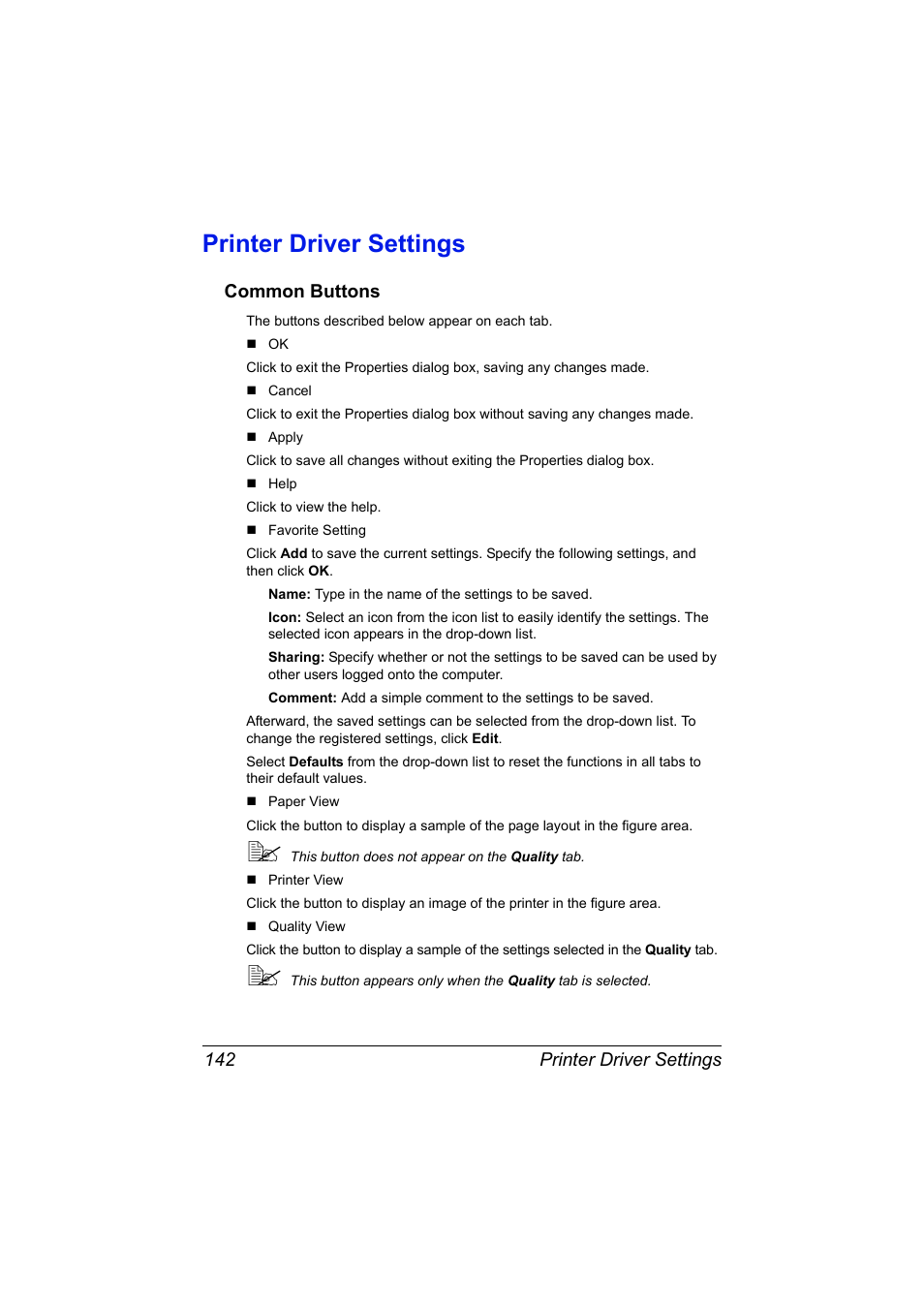 Printer driver settings, Common buttons, Printer driver settings 142 | Common buttons 142 | Konica Minolta MAGICOLOR 4695MF User Manual | Page 156 / 346