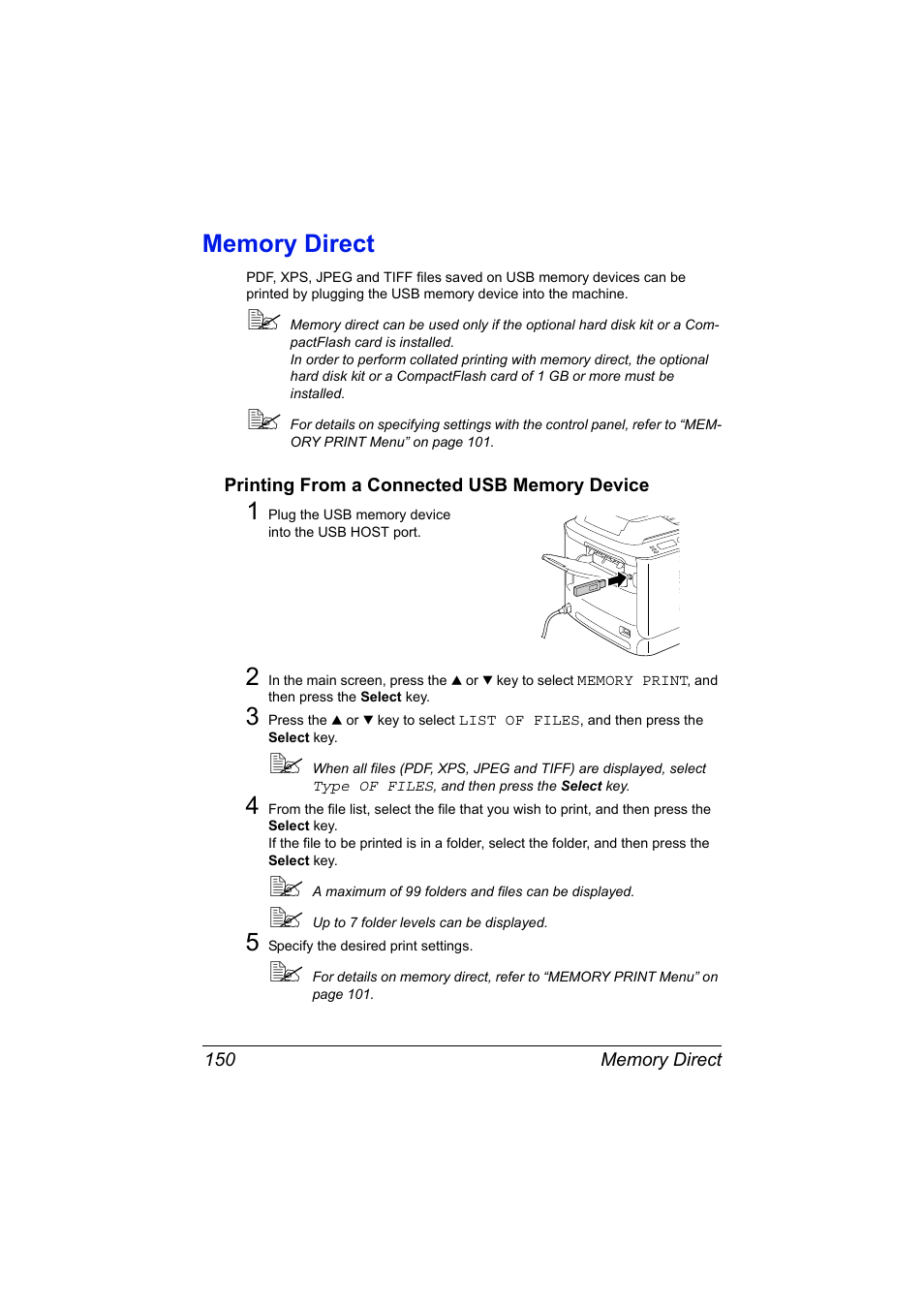 Memory direct, Printing from a connected usb memory device, Memory direct 150 | Printing from a connected usb memory device 150 | Konica Minolta MAGICOLOR 4695MF User Manual | Page 164 / 346