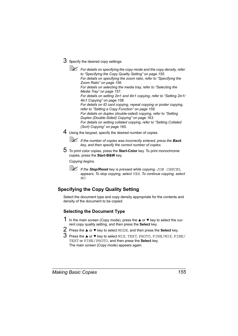 Specifying the copy quality setting, Selecting the document type, Specifying the copy quality setting 155 | Selecting the document type 155 | Konica Minolta MAGICOLOR 4695MF User Manual | Page 169 / 346