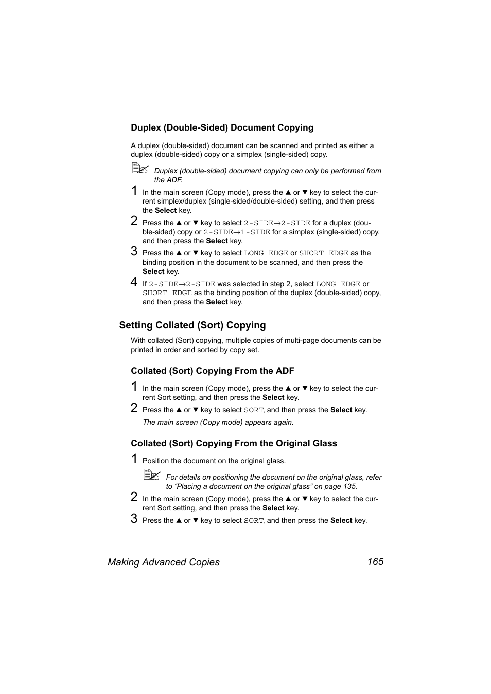 Duplex (double-sided) document copying, Setting collated (sort) copying, Collated (sort) copying from the adf | Collated (sort) copying from the original glass, Duplex (double-sided) document copying 165, Setting collated (sort) copying 165 | Konica Minolta MAGICOLOR 4695MF User Manual | Page 179 / 346