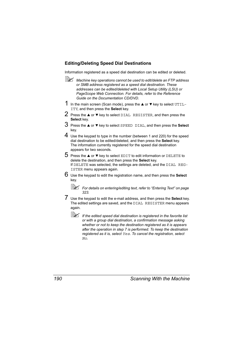 Editing/deleting speed dial destinations, Editing/deleting speed dial destinations 190 | Konica Minolta MAGICOLOR 4695MF User Manual | Page 204 / 346