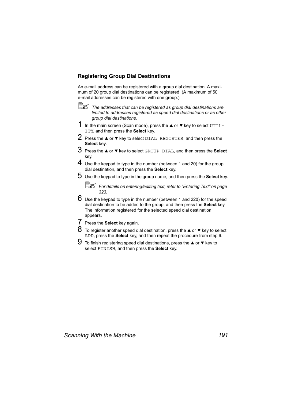 Registering group dial destinations, Registering group dial destinations 191 | Konica Minolta MAGICOLOR 4695MF User Manual | Page 205 / 346
