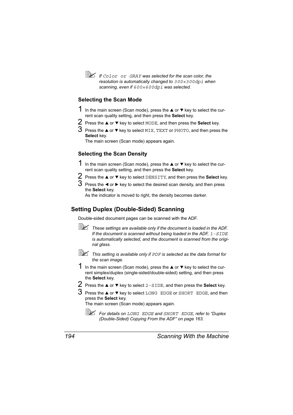 Selecting the scan mode, Selecting the scan density, Setting duplex (double-sided) scanning | Setting duplex (double-sided) scanning 194 | Konica Minolta MAGICOLOR 4695MF User Manual | Page 208 / 346