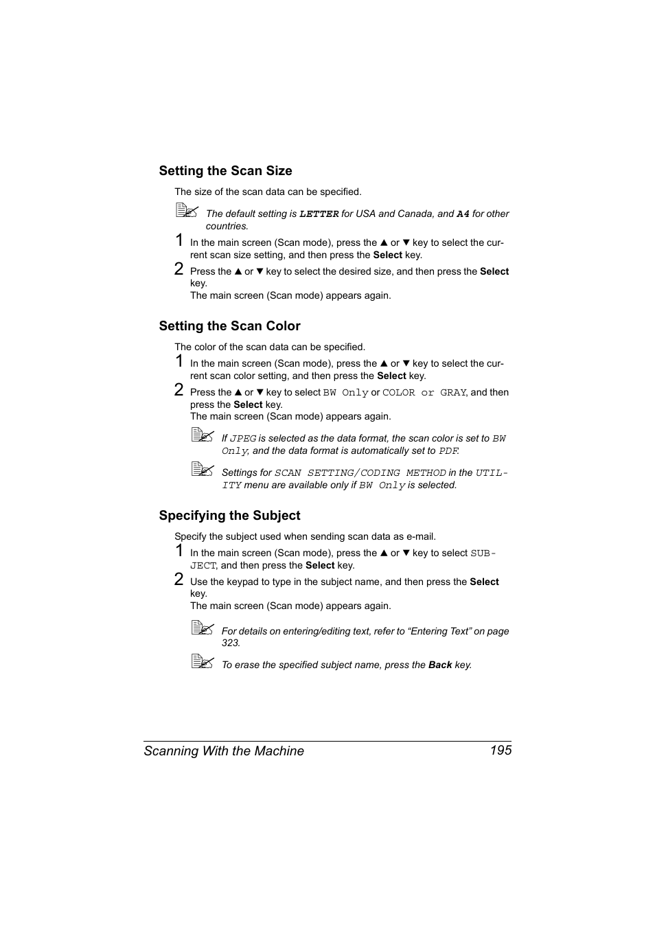 Setting the scan size, Setting the scan color, Specifying the subject | Konica Minolta MAGICOLOR 4695MF User Manual | Page 209 / 346