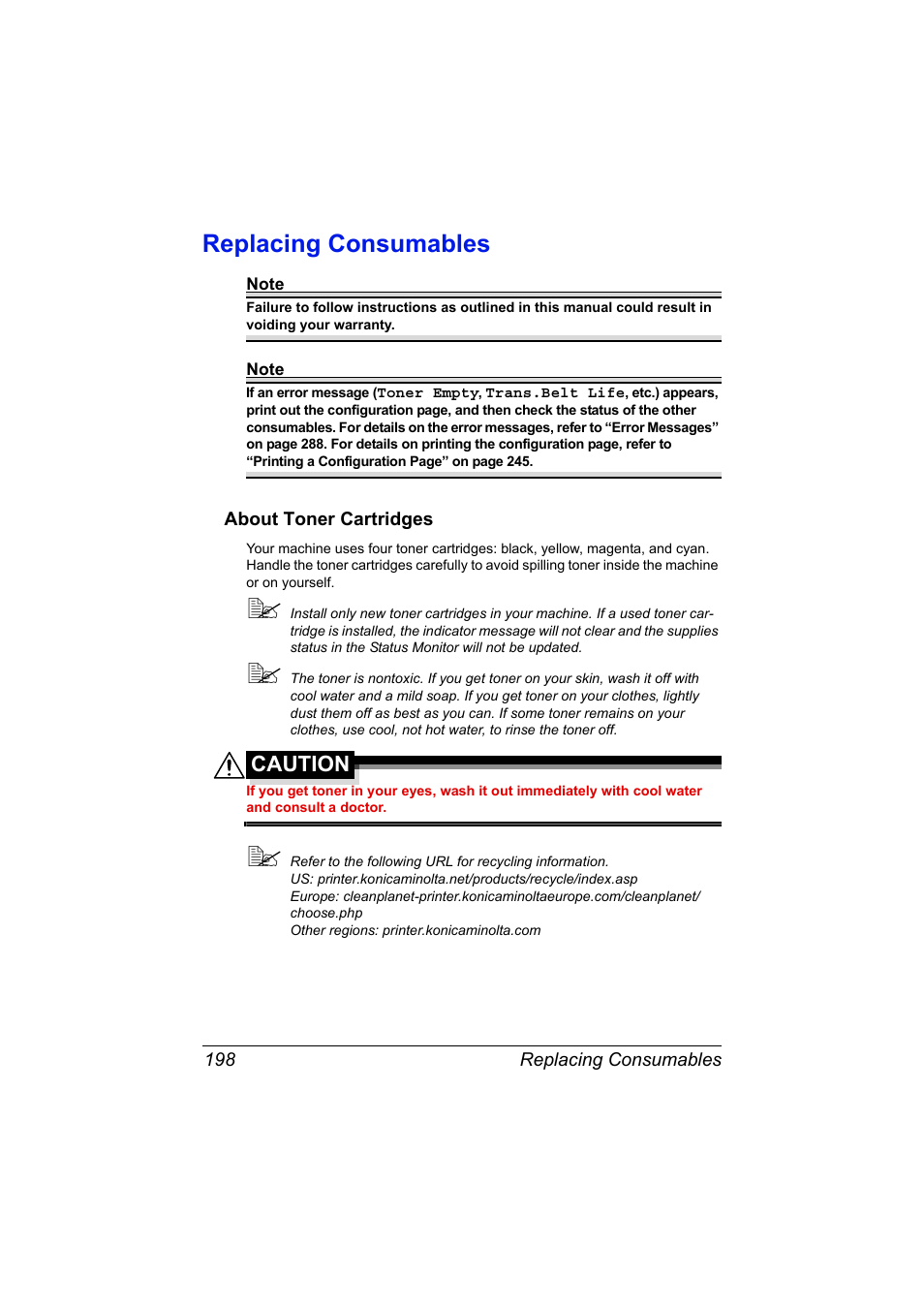 Replacing consumables, About toner cartridges, Replacing consumables 198 | About toner cartridges 198, Caution | Konica Minolta MAGICOLOR 4695MF User Manual | Page 212 / 346