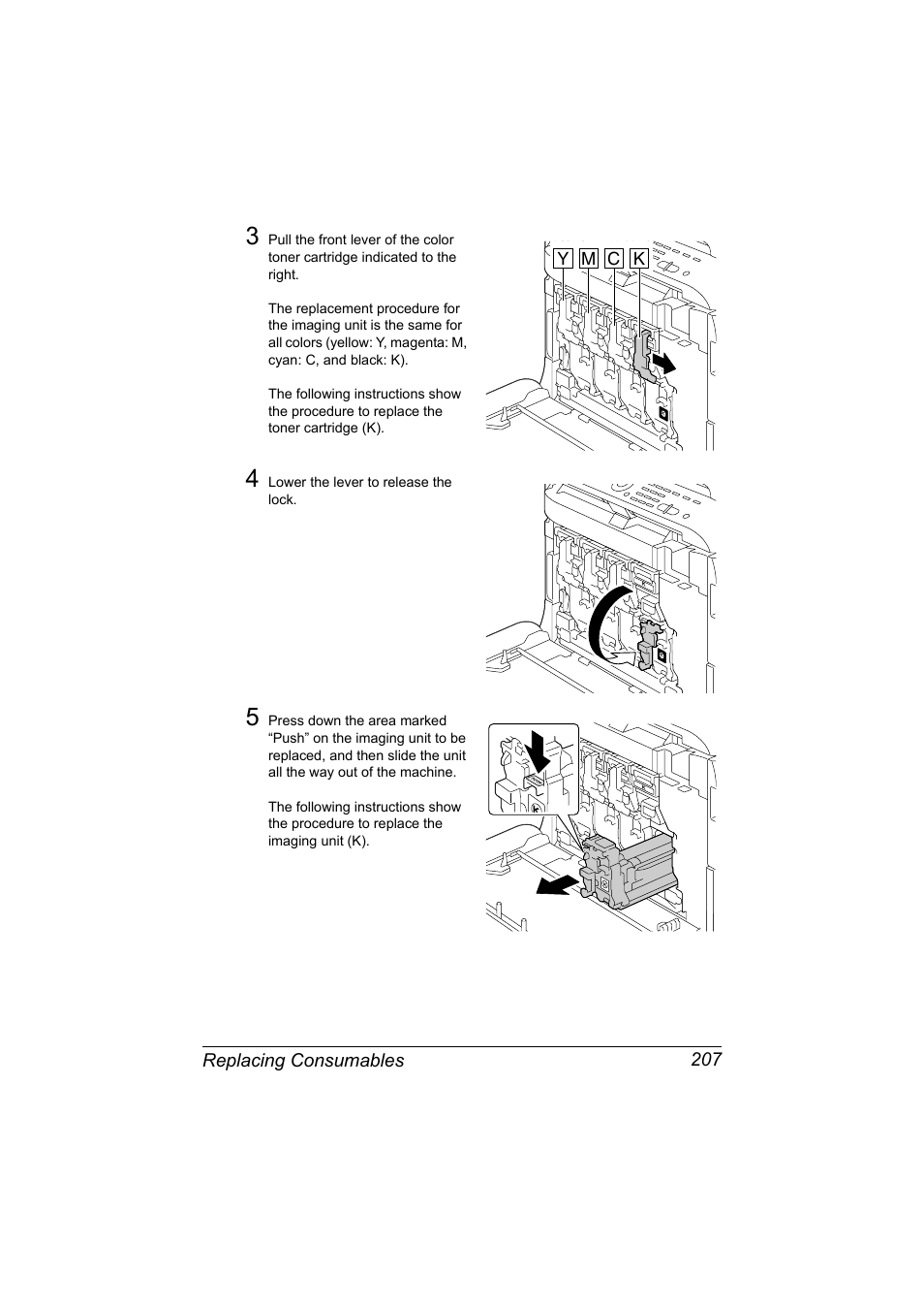 Replacing consumables 207, Y m c k | Konica Minolta MAGICOLOR 4695MF User Manual | Page 221 / 346