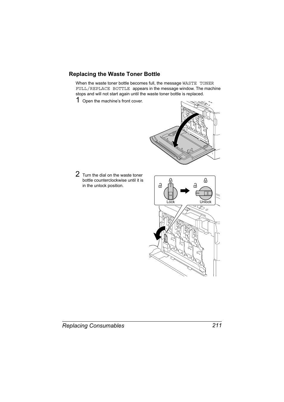 Replacing the waste toner bottle, Replacing the waste toner bottle 211 | Konica Minolta MAGICOLOR 4695MF User Manual | Page 225 / 346