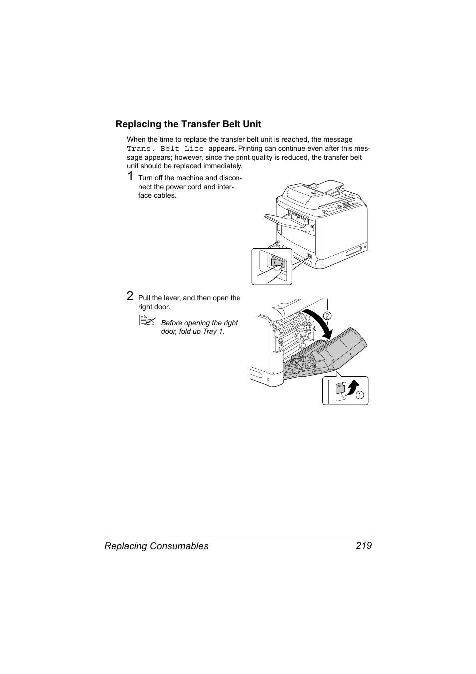 Replacing the transfer belt unit, Replacing the transfer belt unit 219 | Konica Minolta MAGICOLOR 4695MF User Manual | Page 233 / 346