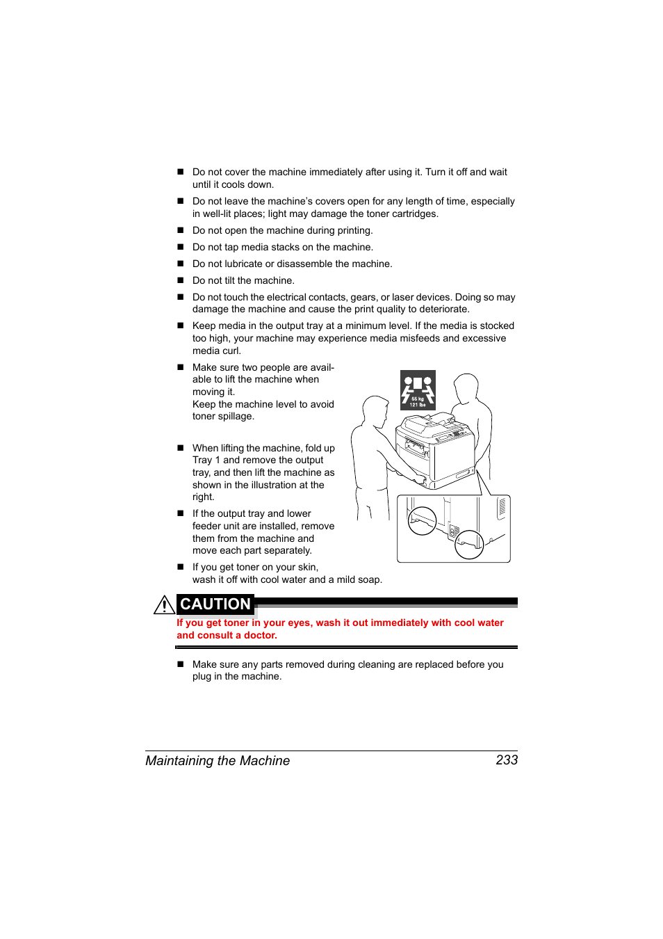 Caution, Maintaining the machine 233 | Konica Minolta MAGICOLOR 4695MF User Manual | Page 247 / 346