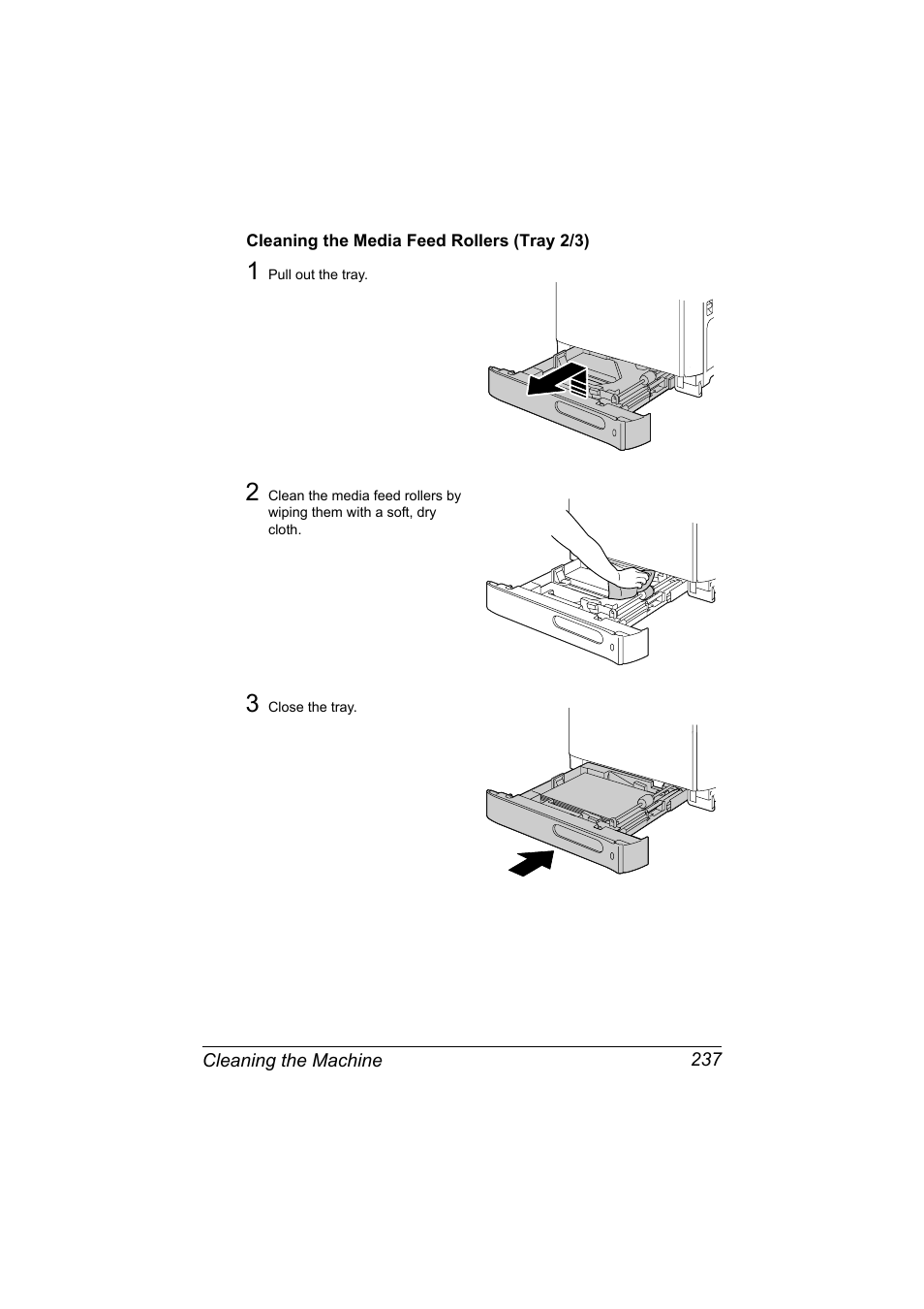 Cleaning the media feed rollers (tray 2/3), Cleaning the media feed rollers (tray 2/3) 237 | Konica Minolta MAGICOLOR 4695MF User Manual | Page 251 / 346