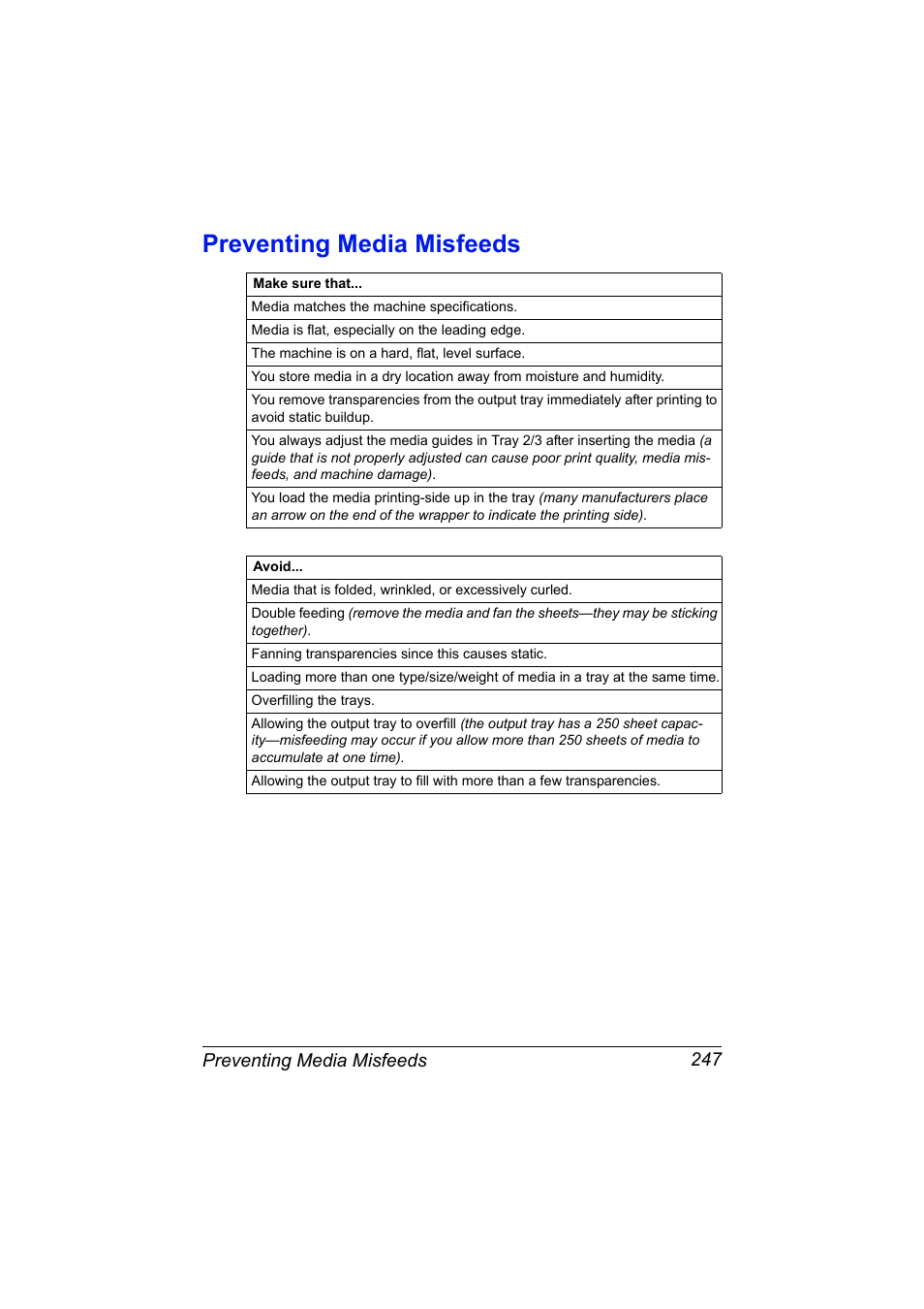 Preventing media misfeeds, Preventing media misfeeds 247 | Konica Minolta MAGICOLOR 4695MF User Manual | Page 261 / 346