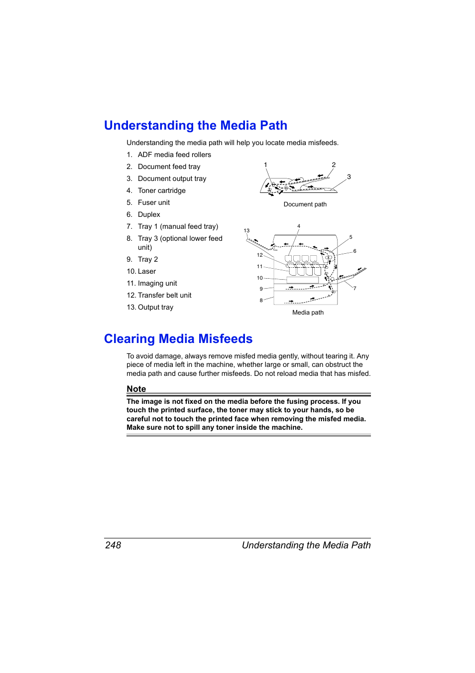 Understanding the media path, Clearing media misfeeds, Understanding the media path 248 | Konica Minolta MAGICOLOR 4695MF User Manual | Page 262 / 346