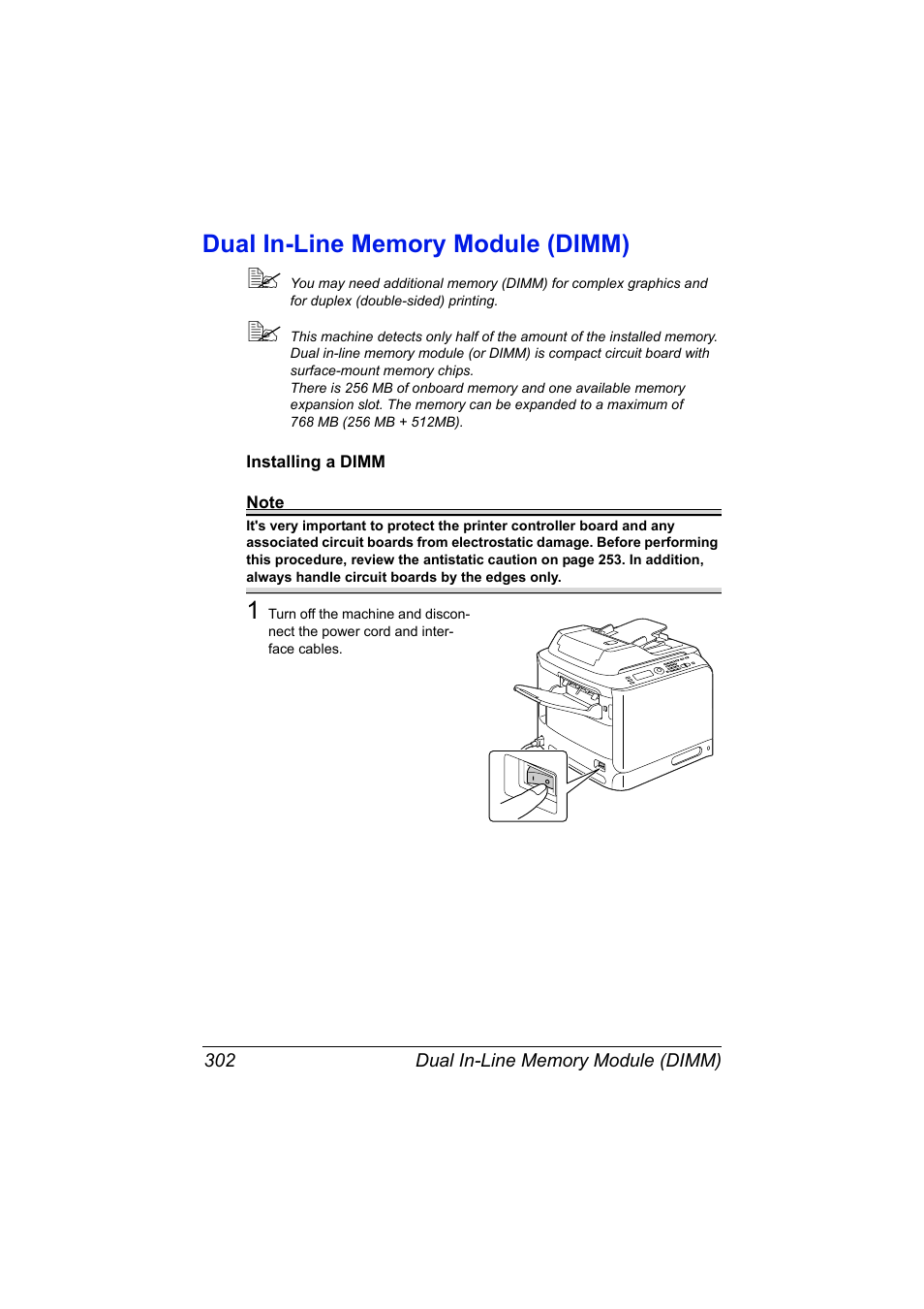 Dual in-line memory module (dimm), Installing a dimm, Dual in-line memory module (dimm) 302 | Installing a dimm 302 | Konica Minolta MAGICOLOR 4695MF User Manual | Page 316 / 346