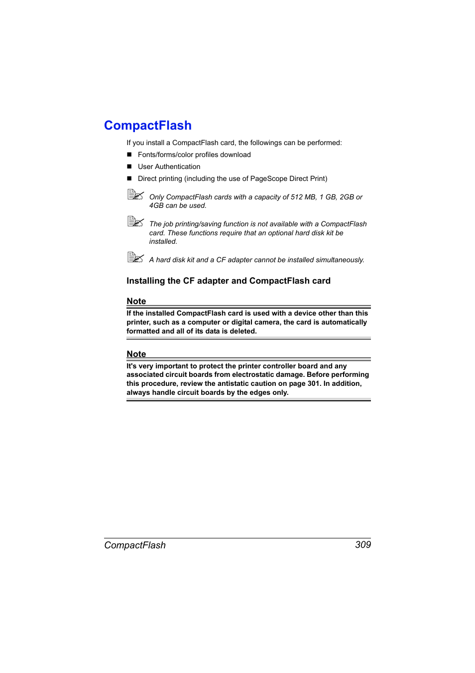 Compactflash, Installing the cf adapter and compactflash card, Compactflash 309 | Konica Minolta MAGICOLOR 4695MF User Manual | Page 323 / 346