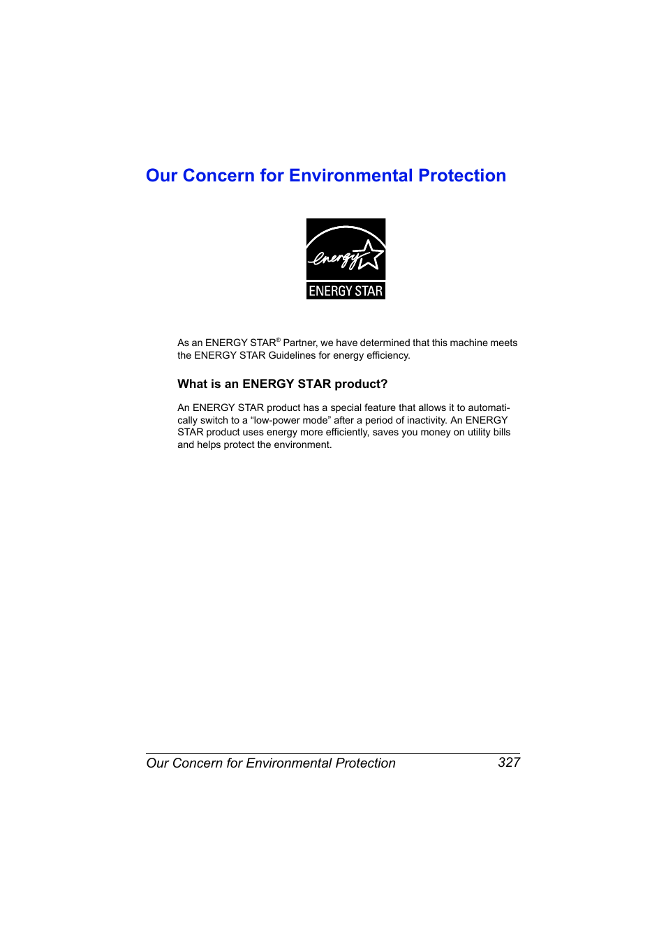 Our concern for environmental protection, What is an energy star product, Our concern for environmental protection 327 | What is an energy star product? 327 | Konica Minolta MAGICOLOR 4695MF User Manual | Page 341 / 346