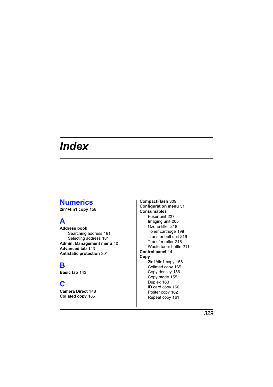 Index, A to c, Numerics | Konica Minolta MAGICOLOR 4695MF User Manual | Page 343 / 346