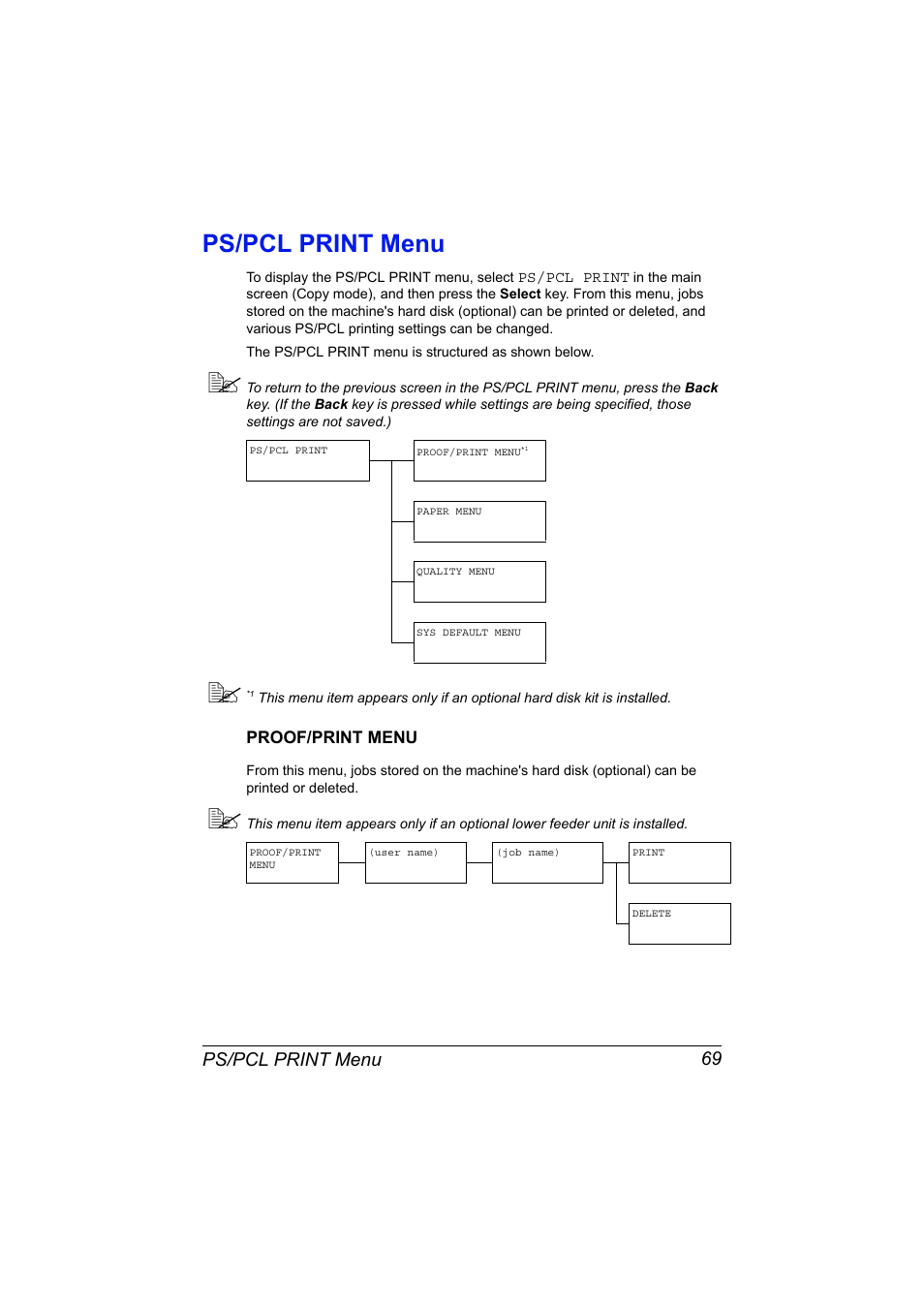 Ps/pcl print menu, Proof/print menu, Ps/pcl print menu 69 | Proof/print menu 69 | Konica Minolta MAGICOLOR 4695MF User Manual | Page 83 / 346