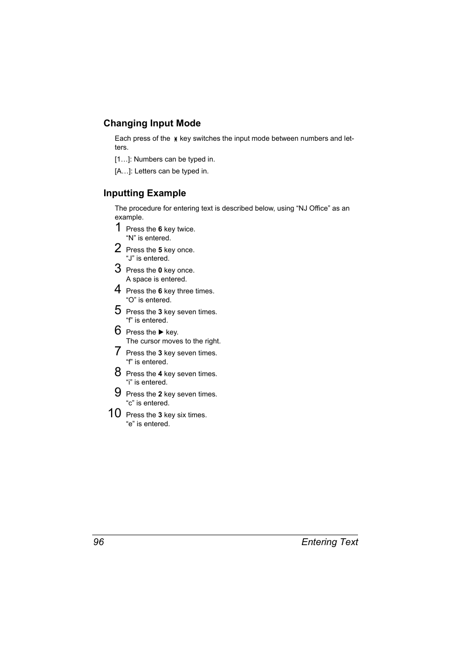 Changing input mode, Inputting example, Changing input mode 96 inputting example 96 | Konica Minolta magicolor 4690MF User Manual | Page 102 / 108