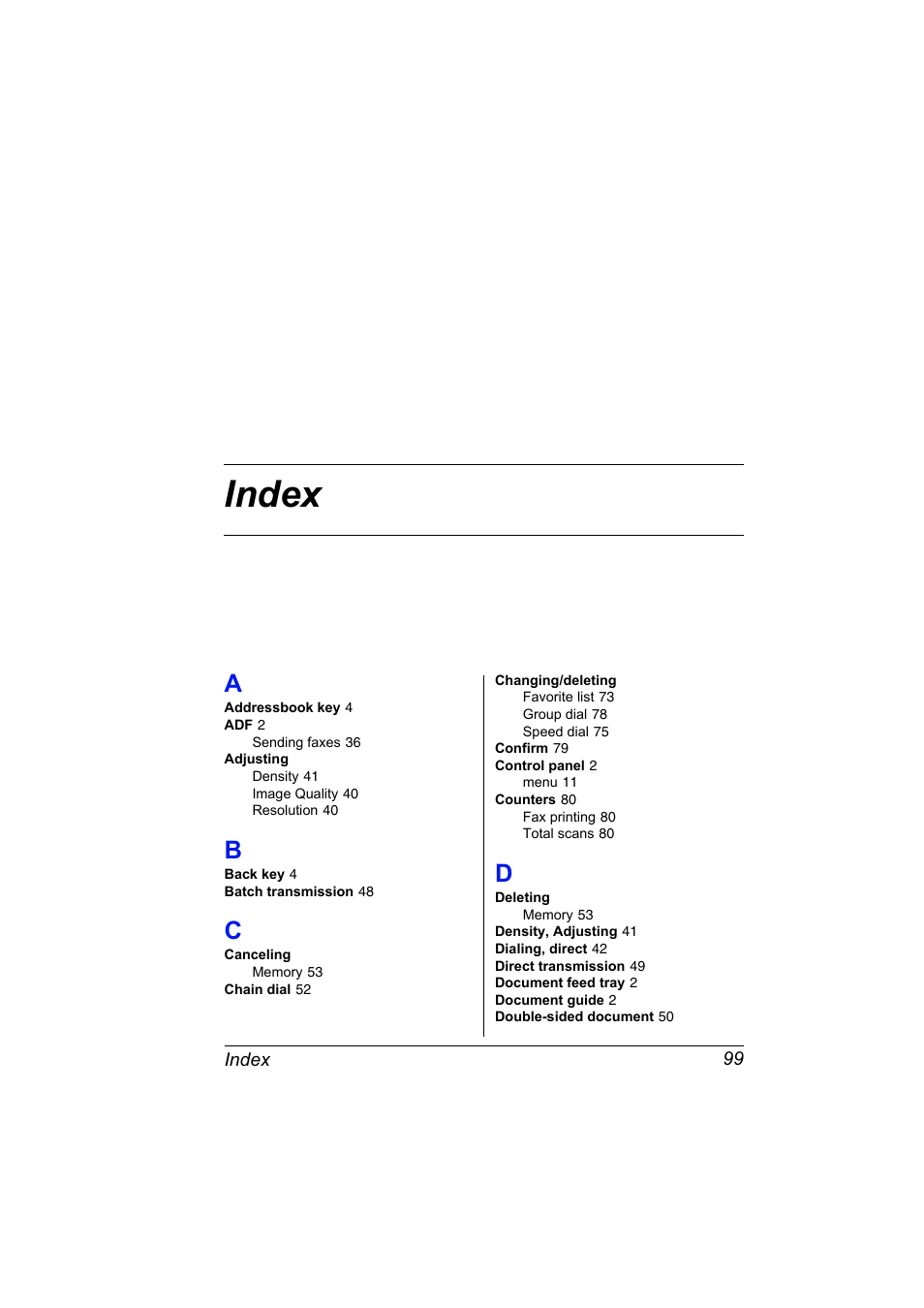 Index, A to d, Index 99 | Konica Minolta magicolor 4690MF User Manual | Page 105 / 108