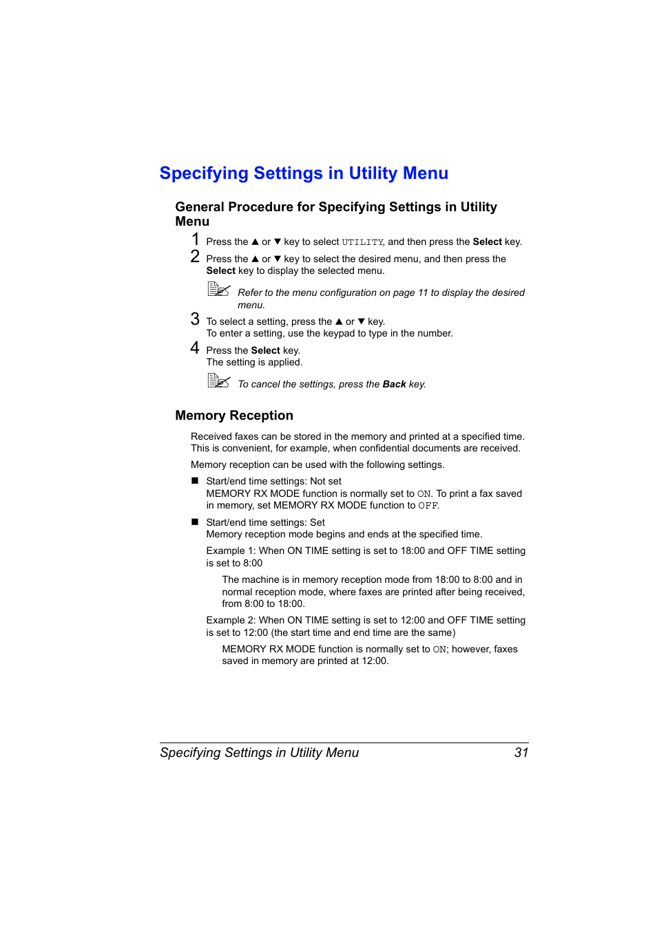 Specifying settings in utility menu, Memory reception, Specifying settings in utility menu 31 | Konica Minolta magicolor 4690MF User Manual | Page 37 / 108