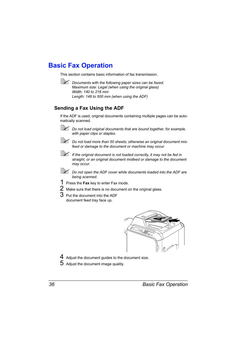 Basic fax operation, Sending a fax using the adf, Basic fax operation 36 | Sending a fax using the adf 36 | Konica Minolta magicolor 4690MF User Manual | Page 42 / 108