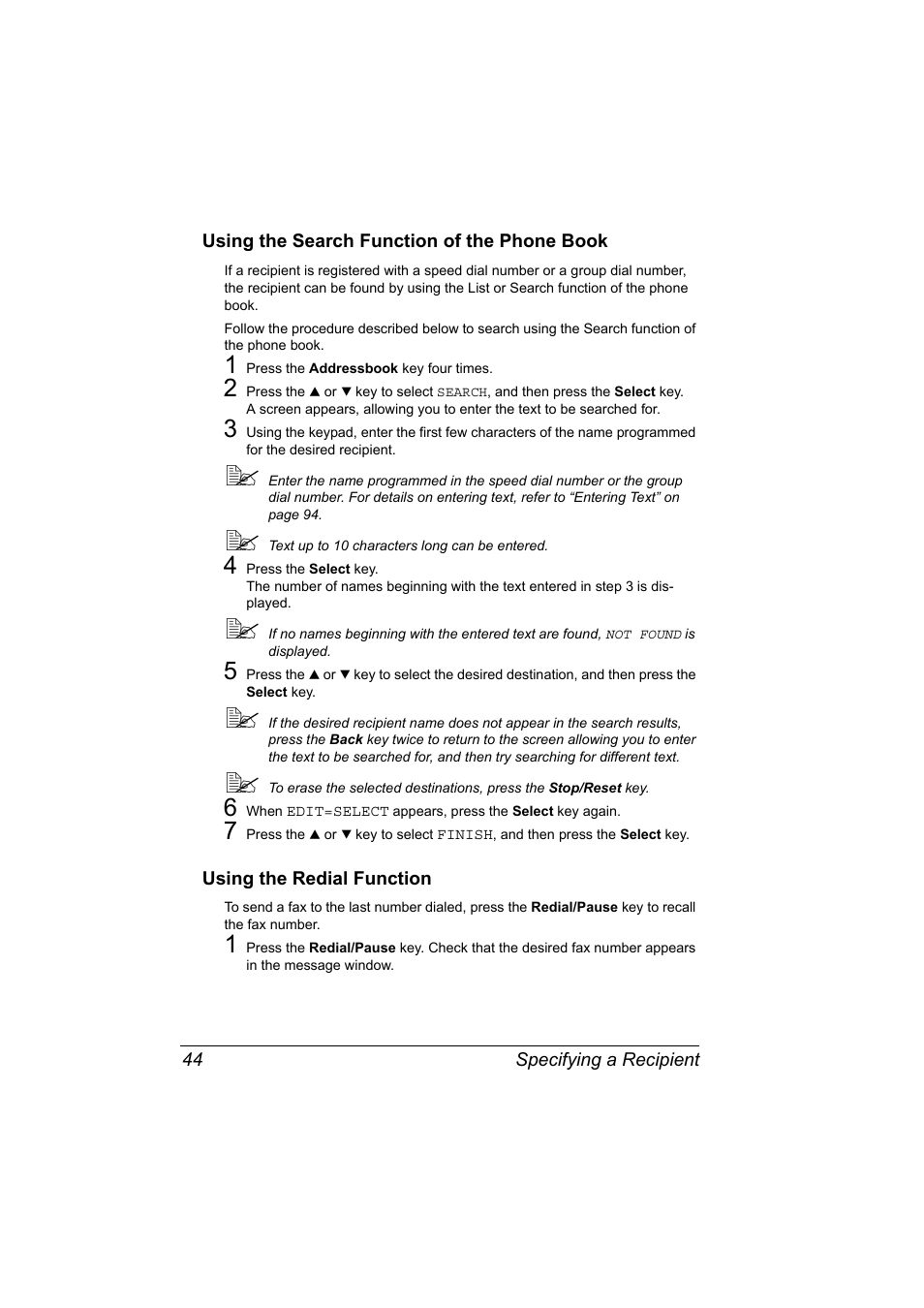 Using the search function of the phone book, Using the redial function | Konica Minolta magicolor 4690MF User Manual | Page 50 / 108