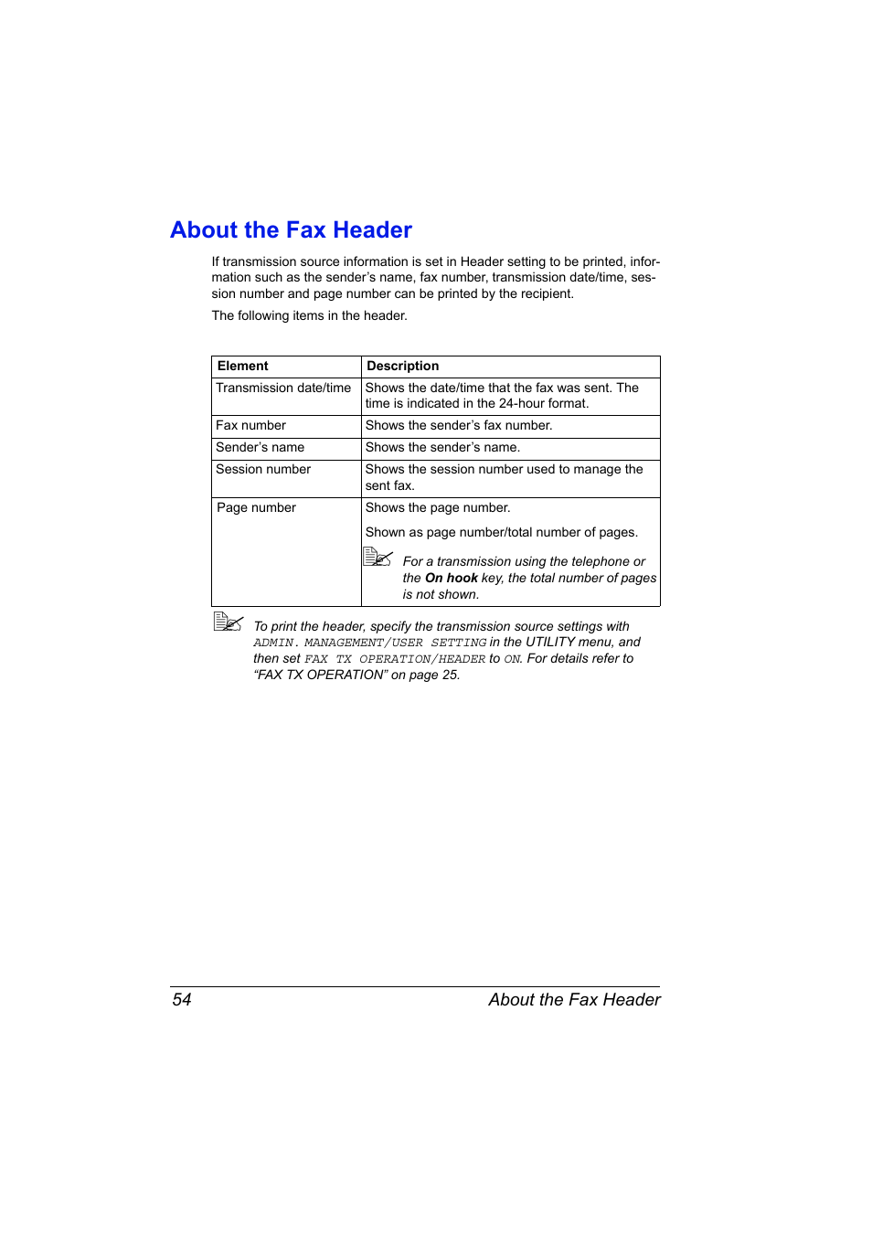 About the fax header, About the fax header 54 | Konica Minolta magicolor 4690MF User Manual | Page 60 / 108