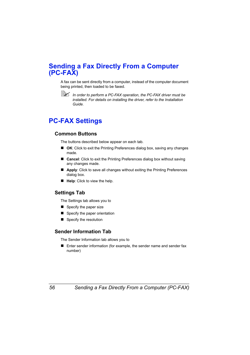 Sending a fax directly from a computer (pc-fax), Pc-fax settings, Common buttons | Settings tab, Sender information tab | Konica Minolta magicolor 4690MF User Manual | Page 62 / 108