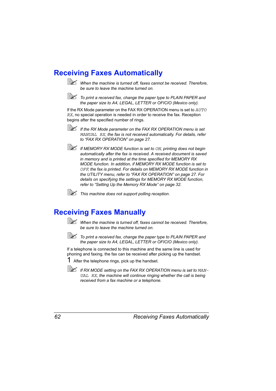 Receiving faxes automatically, Receiving faxes manually | Konica Minolta magicolor 4690MF User Manual | Page 68 / 108