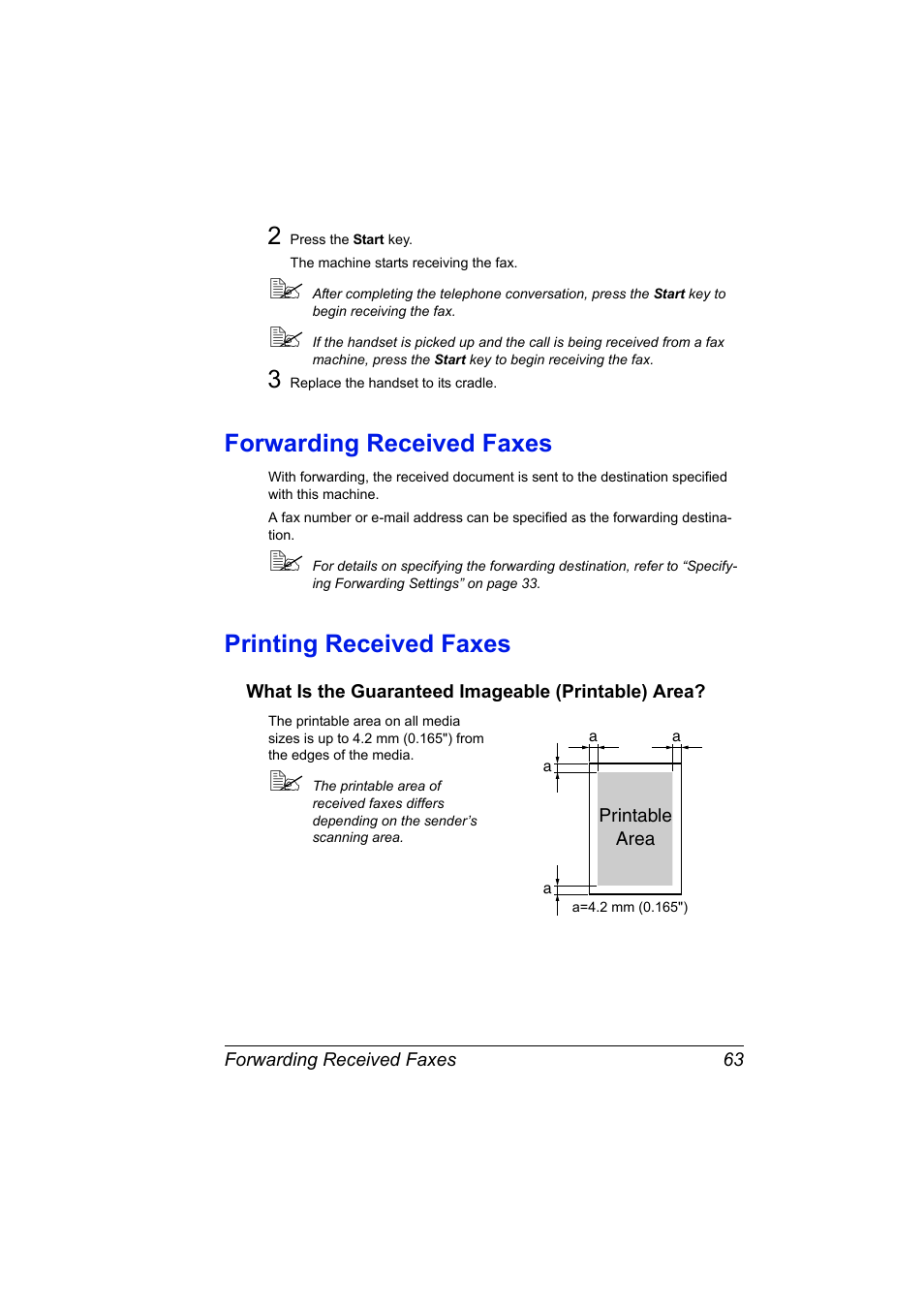 Forwarding received faxes, Printing received faxes, What is the guaranteed imageable (printable) area | Konica Minolta magicolor 4690MF User Manual | Page 69 / 108