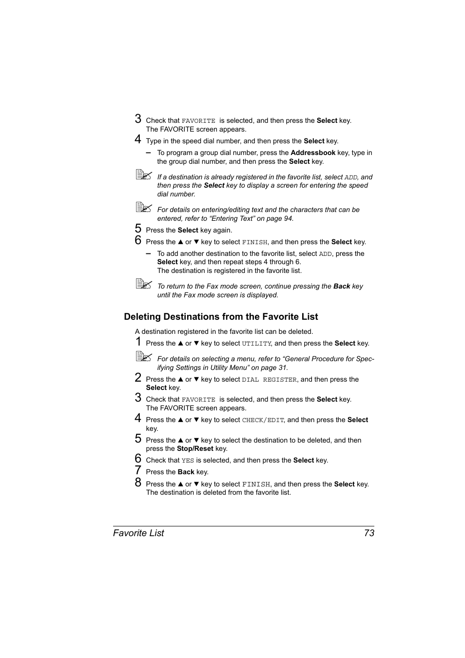 Deleting destinations from the favorite list, Deleting destinations from the favorite list 73 | Konica Minolta magicolor 4690MF User Manual | Page 79 / 108