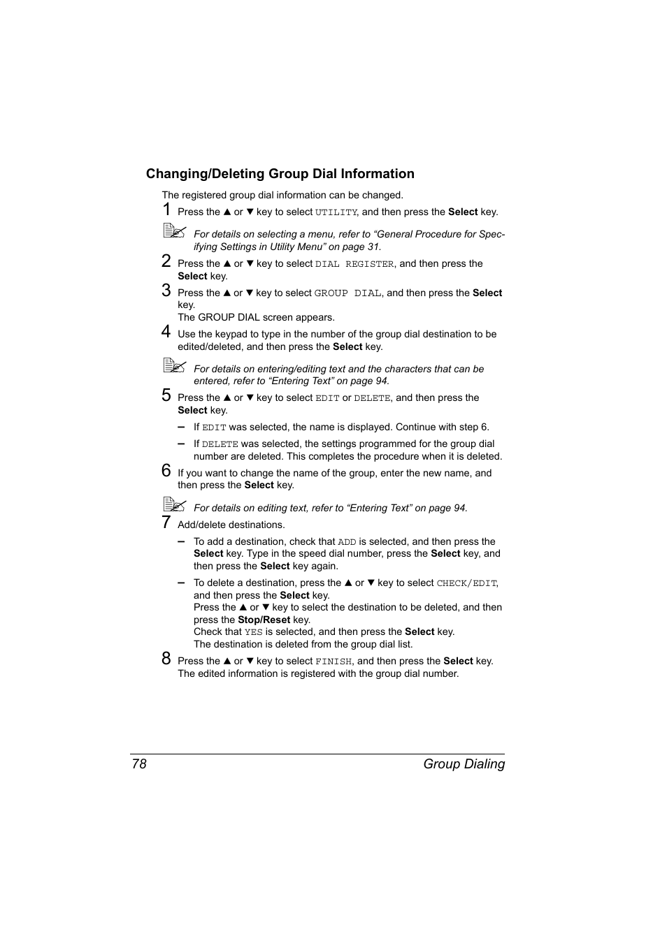 Changing/deleting group dial information, Changing/deleting group dial information 78 | Konica Minolta magicolor 4690MF User Manual | Page 84 / 108