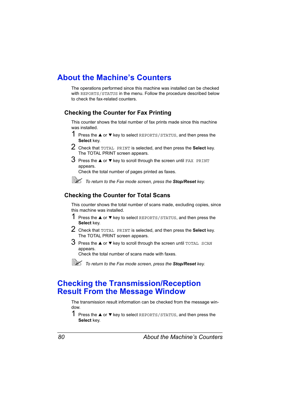 About the machine’s counters, Checking the counter for fax printing, Checking the counter for total scans | About the machine’s counters 80 | Konica Minolta magicolor 4690MF User Manual | Page 86 / 108