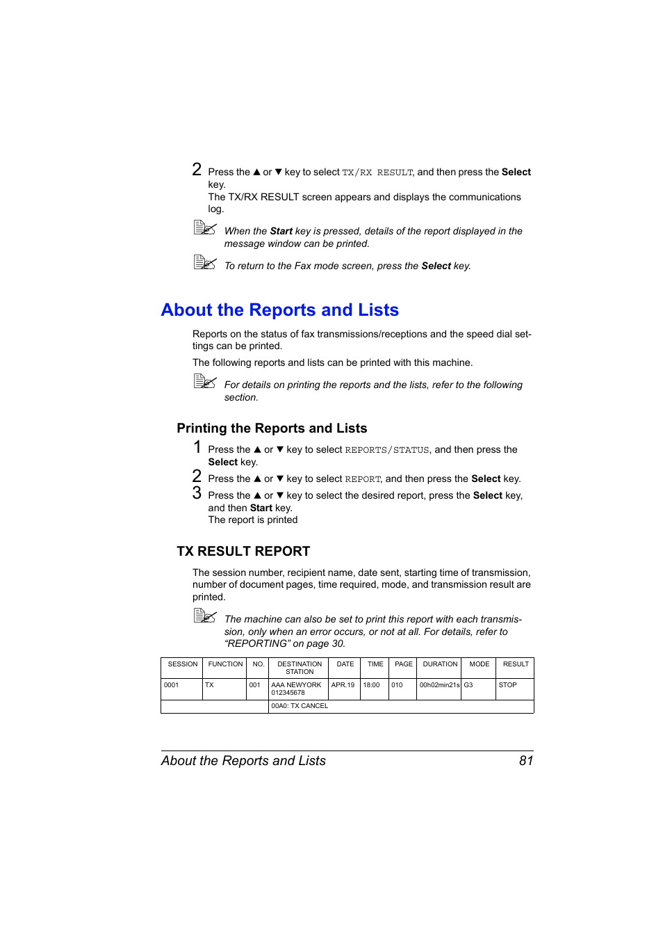 About the reports and lists, Printing the reports and lists, Tx result report | About the reports and lists 81 | Konica Minolta magicolor 4690MF User Manual | Page 87 / 108