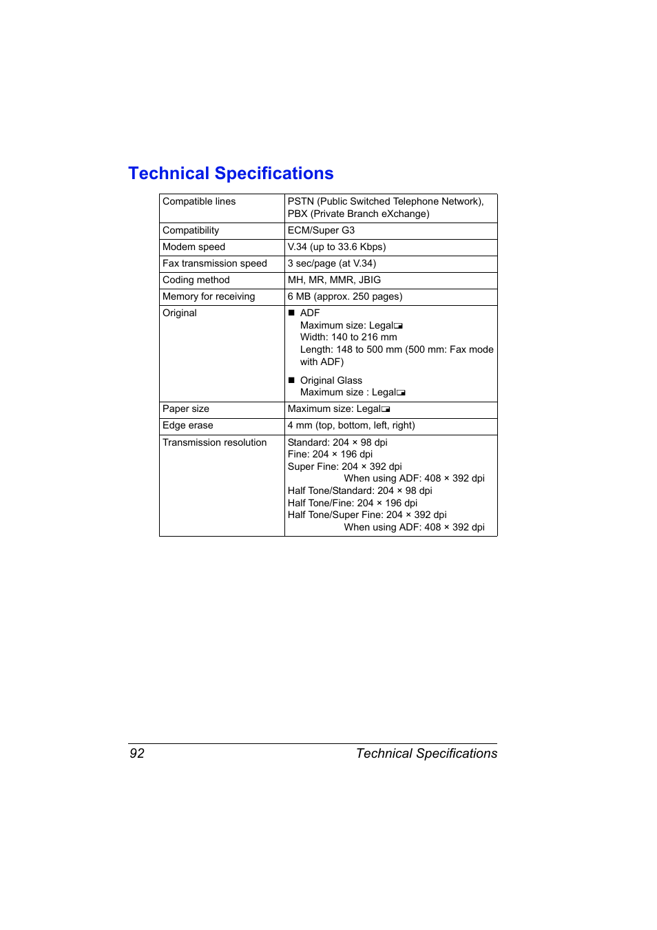 Technical specifications, Technical specifications 92 | Konica Minolta magicolor 4690MF User Manual | Page 98 / 108