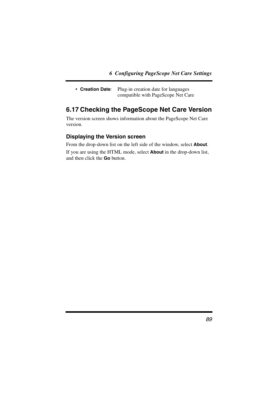 Displaying the version screen, Version, 17 checking the pagescope net care version | Konica Minolta PageScope Net Care User Manual | Page 100 / 145