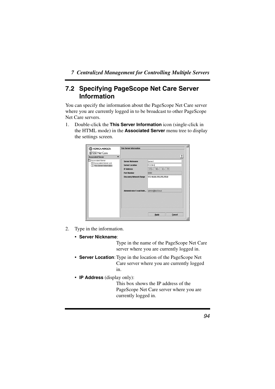 2 specifying pagescope net care server information | Konica Minolta PageScope Net Care User Manual | Page 105 / 145