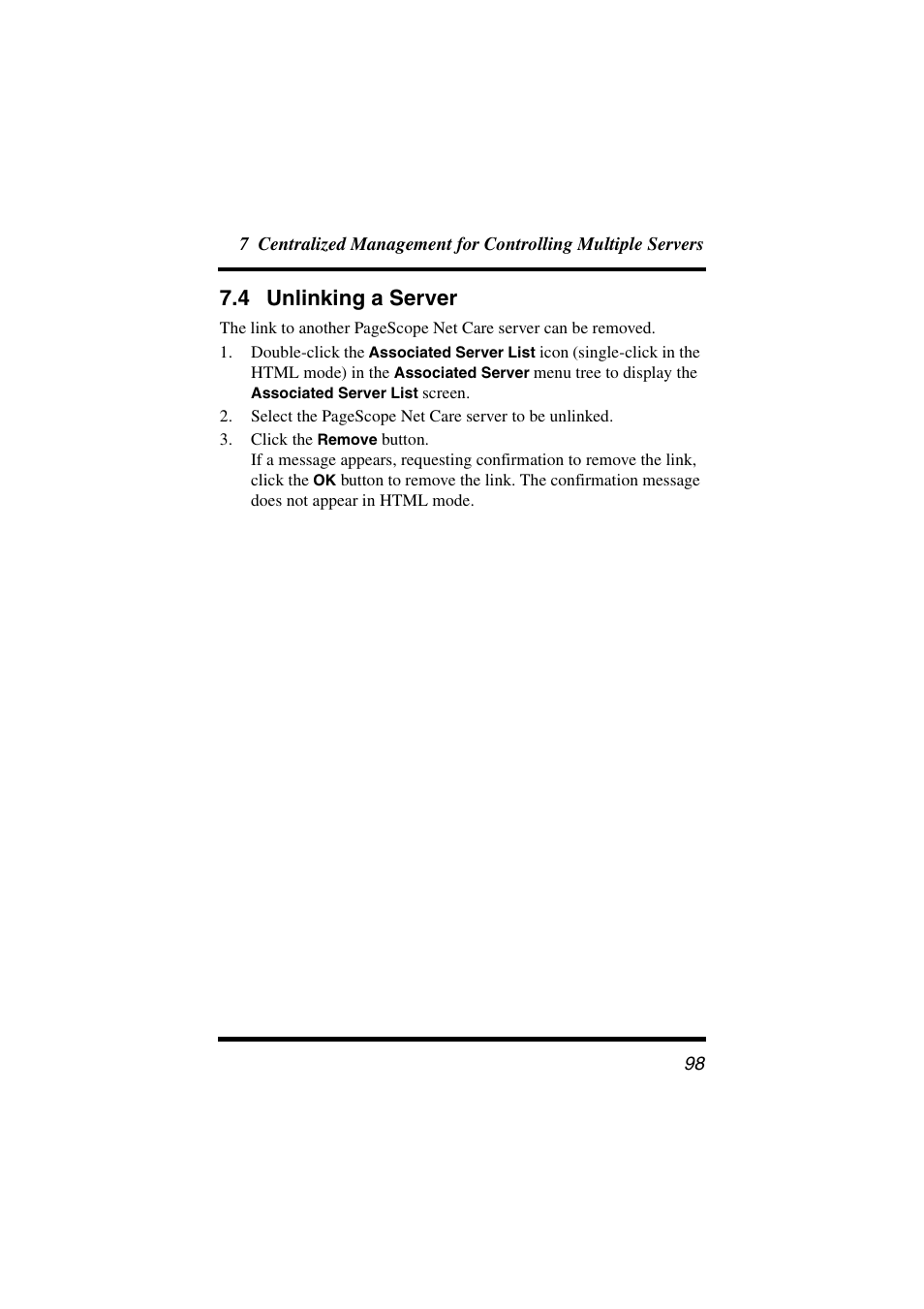 4 unlinking a server, Unlinking a server | Konica Minolta PageScope Net Care User Manual | Page 109 / 145