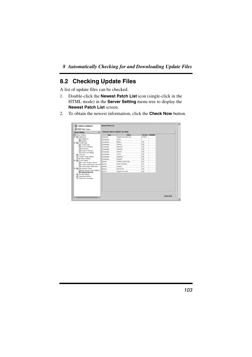 2 checking update files, Checking update files | Konica Minolta PageScope Net Care User Manual | Page 114 / 145